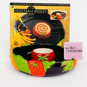 1998 Clay Art VEGETABLE MEDLEY Tomato Bowl Ceramic 2 Pc Large 14" Chip & Dip Set